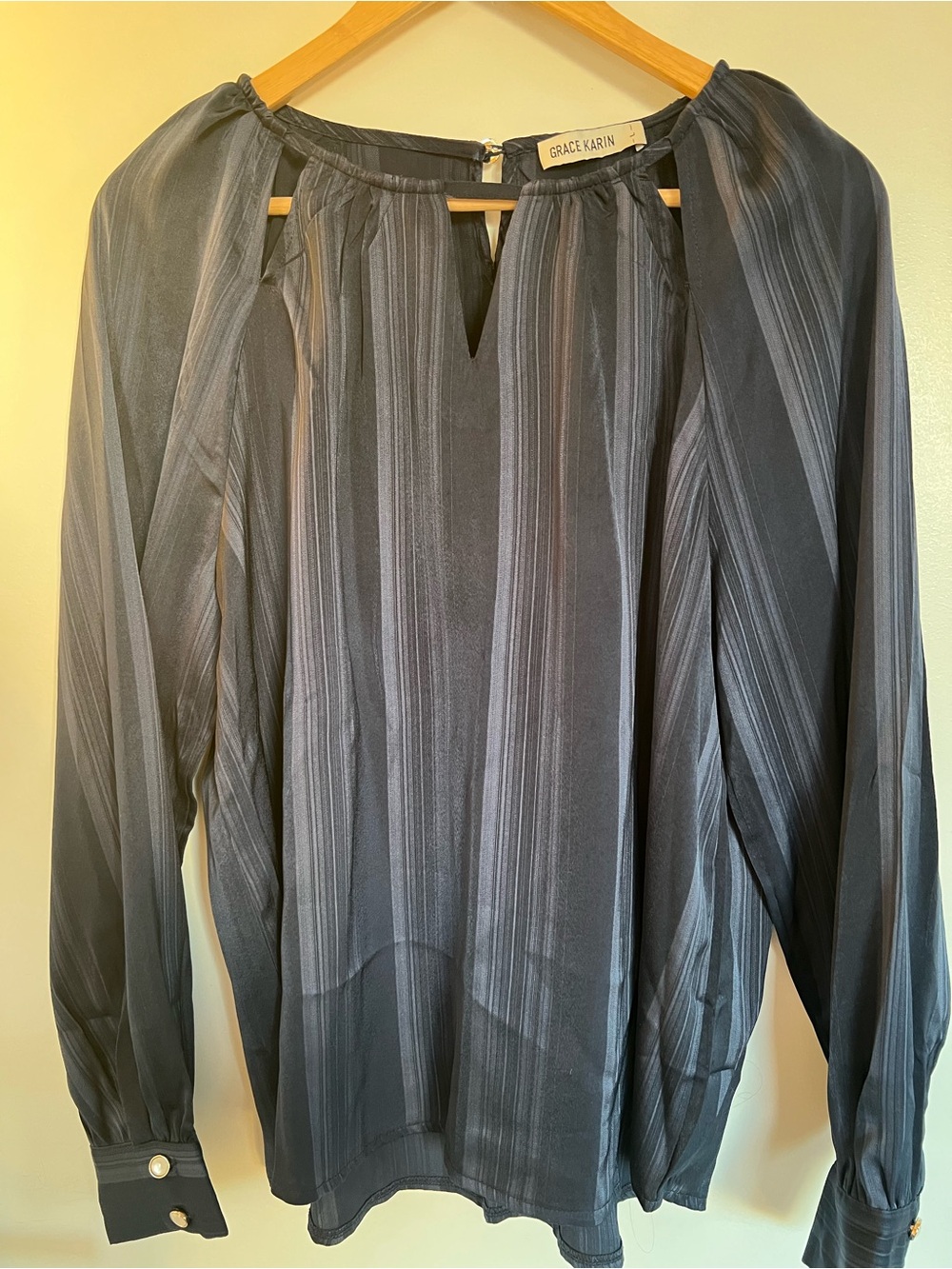 Grace Karin Navy Blue Striped Long-Sleeve Satin Shirt